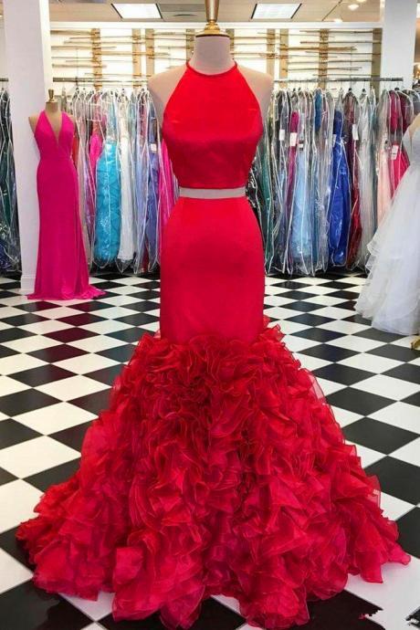 Two Pieces Red Prom Dress Ruffles Tiered Sexy Halter Mermaid Formal Women Party Dresses
