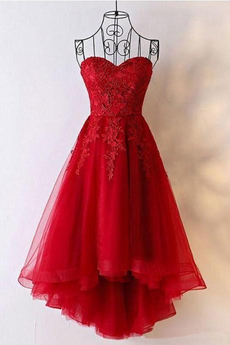 High-low Red Lace Sexy Party Dress for Women Long Tulle A Line Sweetheart Lace-up Back Tulle Prom Dresses