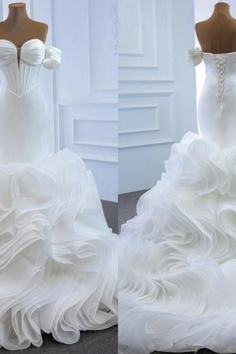 Off the Shoulder Long Ivory Wedding Dresses Sweetheart Corset Back Ruffles Skirts Women Mermaid Bridal Gowns 
