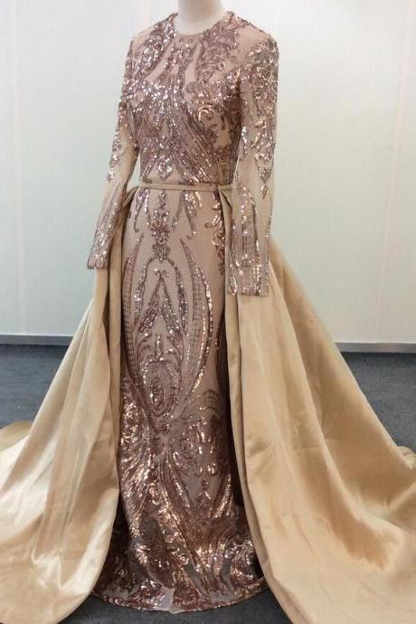 Formal Champagne Sequins Long Sleeve Evening Dresses for Women A Line Detachable Skirt Sweep Train Pageant Prom Dress