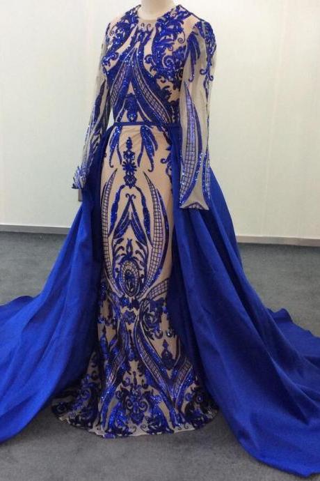 Long Royal Blue Sequins Evening Dress for Women Full Sleeve Satin Pageant Sheer Prom Party Dresses with Detachable Skirt