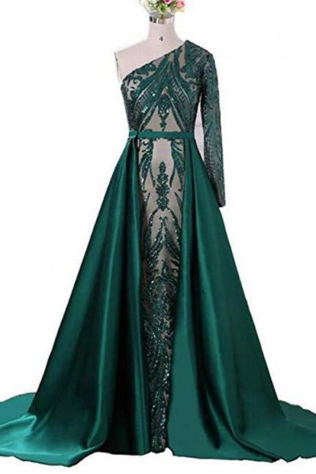 Sexy One Shoulder Long Emerald Green Prom Dress Full Sleeve Formal Women Party Dresses with Detachable Skirt