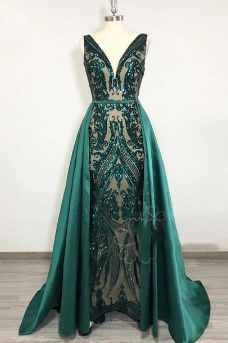 Long Emerald Green Sexy Prom Dress with Detachable Skirt Shee Sequins Lace Formal Women Evening Dresses