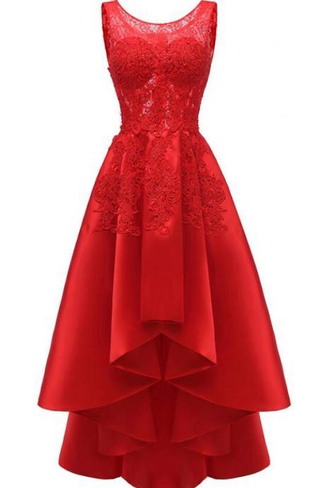 High Low Red Lace Party Dress for Women A Line Satin Plus Size Prom Dresses