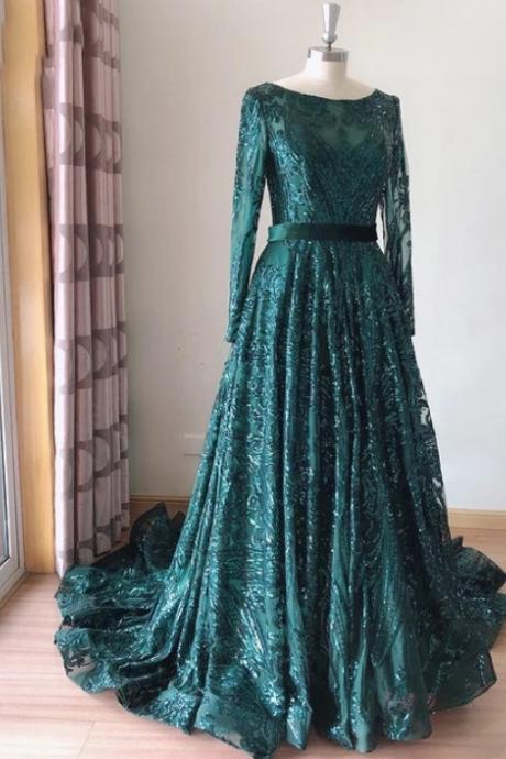 Vintage Emerald Green Seuqins Prom Dress long Sleeve Sweep Train Sexy Sheer Lace Women Formal Evening Dresses