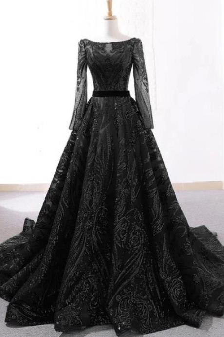 Vintage Black Seuqins Prom Dress long Sleeve Sweep Train Sexy Sheer Lace Women Formal Evening Dresses
