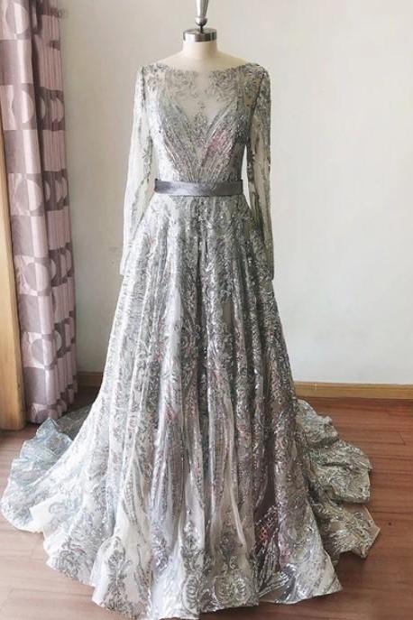 Fashion Silver Sequins Sheer Prom Dress long Sleeve A Line Sweep Train Formal Women Evening Dresses