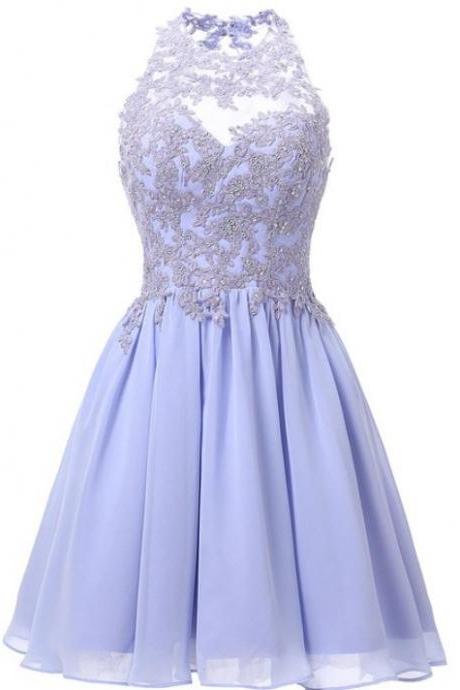 Short Lilac Lace Prom Party Dress Sexy Halter Open Back Mini Women Homecoming Dresses