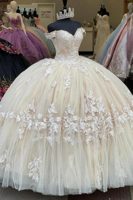 Long Champagne Lace Appliques Quinceanera Dress for 15 Year Ball Gowns Off The Shoulder Ball Gown Debutante Gowns Dresses