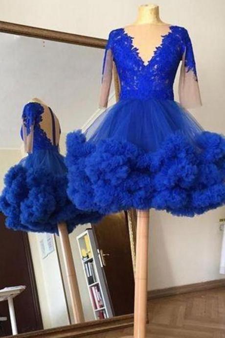 Mini Short Blue Homecoming Dress Sexy Sheer Neck Ball Gown Half Sleeve Ruffles Tiered Short Graduation Party Dresses