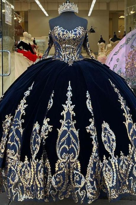 Sweet 15 Year Yellow Quinceanera Dress Ball Gown Navy Blue Color Sexy Off the Shoulder Long Sleeve Girls Masquerade Dresses