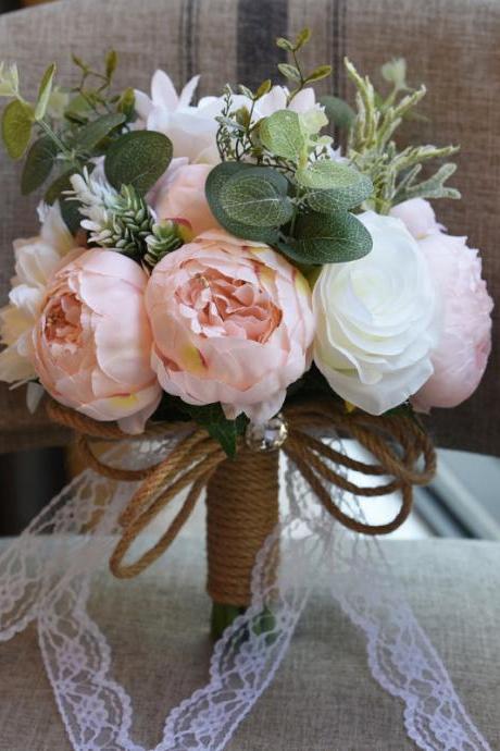 Country Pink Beige Rose Flowers Wedding Bridal Bouquet with White Lace for Brides Wedding Accessories