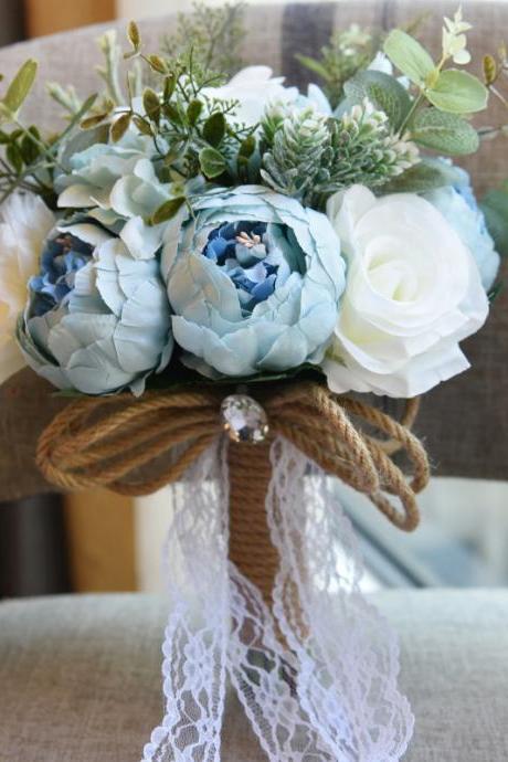 Country Blue Beige Rose Flowers Wedding Bridal Bouquet with White Lace for Brides Wedding Accessories