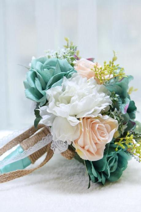 Country Green Flowers Wedding Bridal Bouquet with White Lace for Brides Wedding Accessories