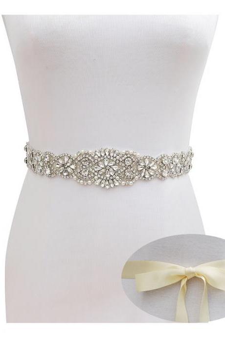 Beige Ribbon Silver Crystal Beadeds Bridal Sashes Belt for Briddes Bridesmaid Dress Wedding Accessories