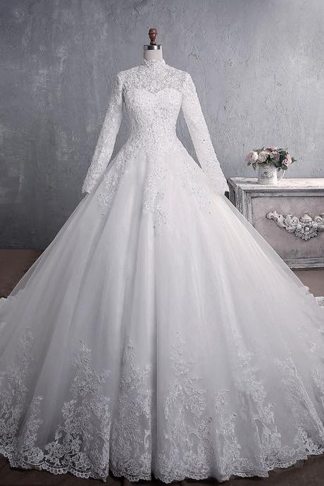 High Neck Long White Lace Wedding Dress with Full Sleeve A Line Women Bridal Gowns Plus Size