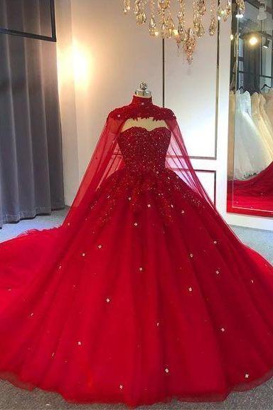 Sweet 16 Year Red Quinceanera Dress Ball Gown Tulle with High Neck Cape Appliques Beaded Formal Evening Prom Dresses