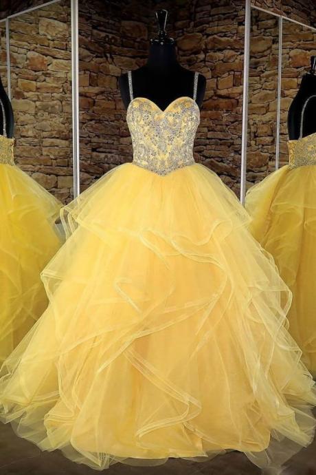 Cute Yellow Beaded Quinceanera Dress for 15 Year Ball Gown Tulle Sexy Spaghetti Strap Formal Girls Party Dress