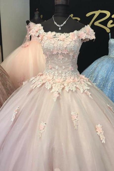 Short Cap Sleeve Pink Flowers Quinceanera Dress for 16 Year Ball Gown 