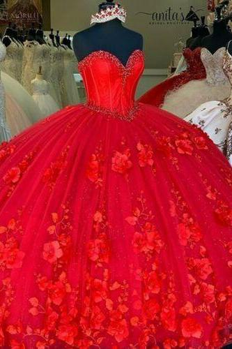 Red Handmade Flowers Quinceanera Dress for 15 Year Ball Gown Bodice Corset Back Sweetheart Prom Dresses