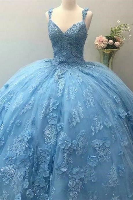 Princess Sky Blue Quinceanera Dress Sexy Spaghetti Strap Ball Gown Long Pageant Prom Dresses for Party