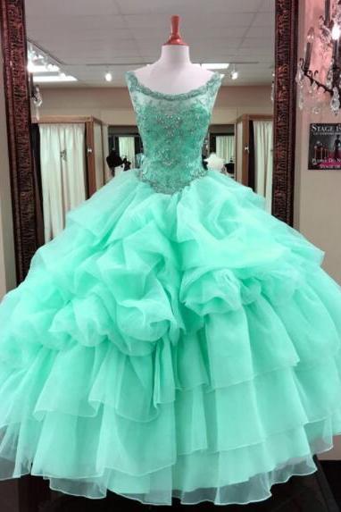 Minit Green Beaded Quinceanera Dresses Ball Gown Ruffles Tiered Cap Sleeve Sexy Cut-out Long Women Party Dresses
