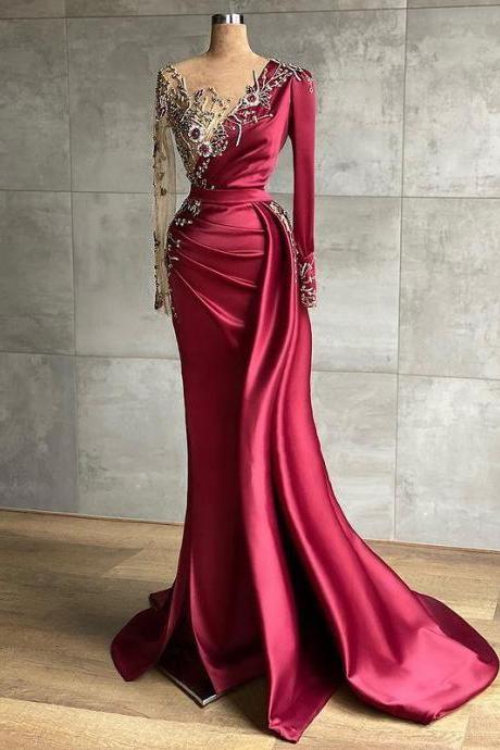 Elegant Burgundy Satin Prom Dress with Long Sleeve Sexy Sheer Beaded Mermaid Formal Prom Gowns Party Dress