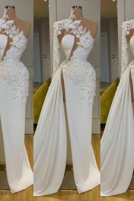 Sexy One Shoulder White Lace Prom Dress with Long Sleeve Formal Women Prom Dress Long Party Gowns