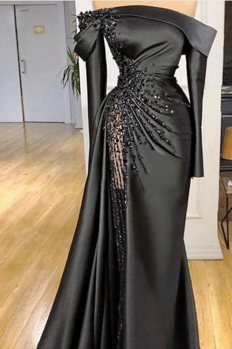 Off the Shoulder Black Long Prom Dress with Full Sleeve Formal Beaded Party Dress for Women
