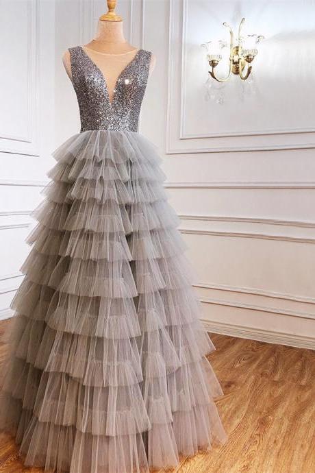 Vintage Silver Glitter Tiered Prom Dress Sexy Sheer Tulle Formal Party Dress for Women Evening Gowns