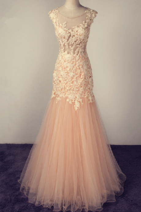 Sheer Neck Long Peach Pink Lace Prom Dress Tulle Sexy Mermaid Long Formal Women Evening Gowns 