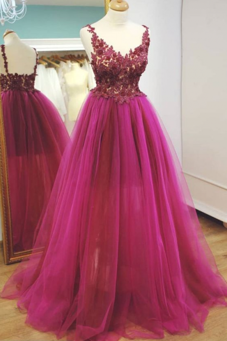 Hot Pink Lace Prom Dress Tulle Sexy Long Formal Women Evening Gowns