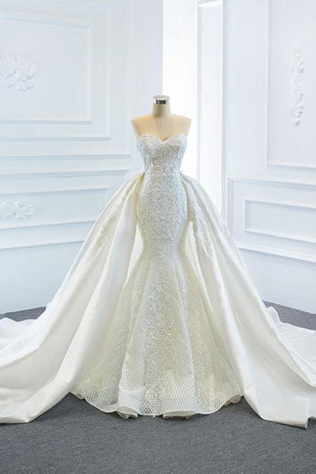 Ivory Satin Long Mermaid Wedding Dress with Detachable Train Formal Women Bridal Gowns Plus Size
