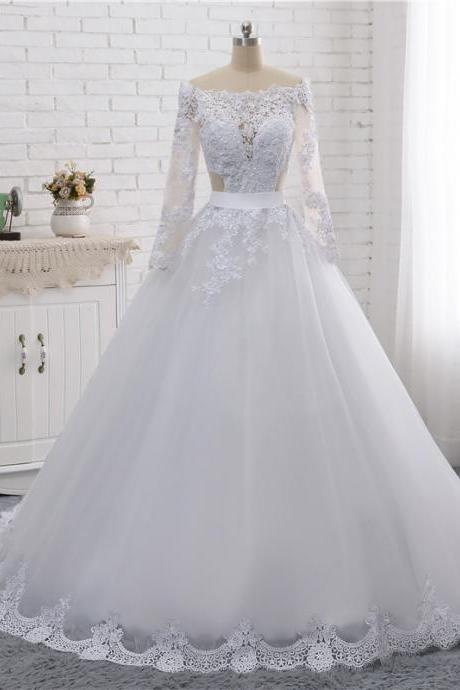 Off the Shoulder Lace Long Wedding Dresses with Full Sleeve A Line Button Back Illusion Bridal Gowns Plus Size