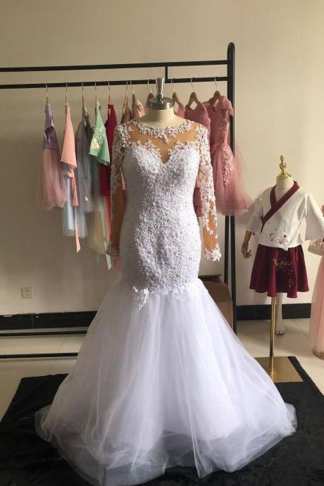 Plus Size Wedding Dresses with Full Sleeve Sexy Mermaid Long Wedding Bridal Gowns Sheer Lace Appliques Brides Dress