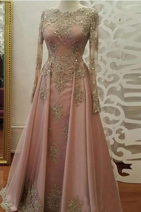 Luxury Beaded Long Pink Evening Dresses with Full Sleeve Button Back Formal Party Dress Prom Gowns for Women
