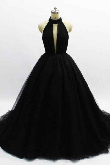 Sexy Backless High Neck Long Black Prom Dress for Women Lady Party Dresses
