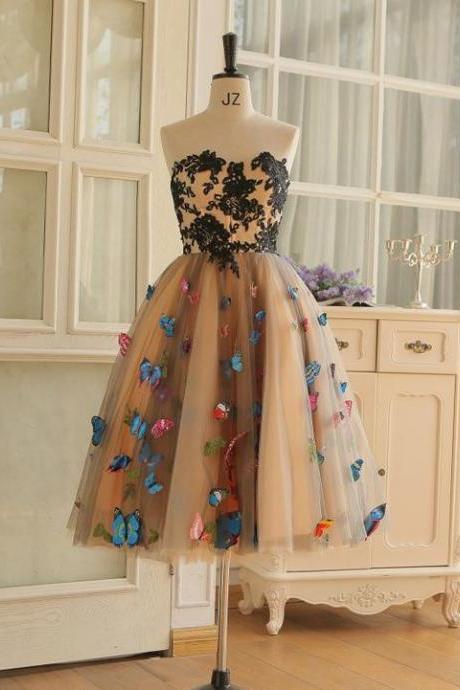 Knee Length Sweet Champagne Party Dress for Women with Butterfly Decoration New Prom Dresses