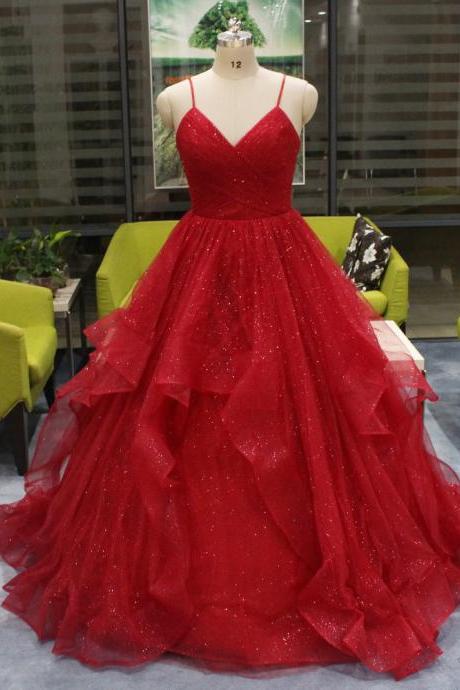 Sexy V Neck Glitter Red Prom Party Dress Long Spaghetti Strap Formal Dress for Women