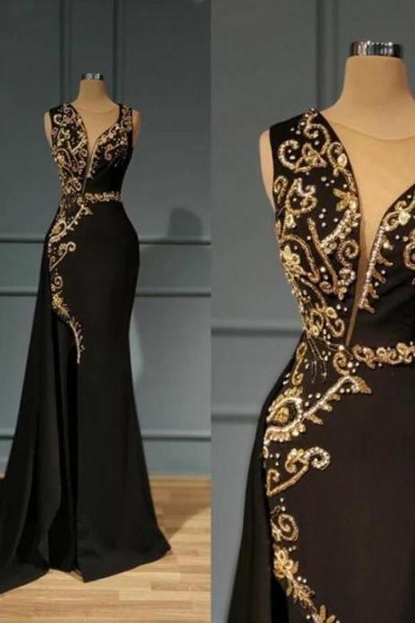 Gorgeous Black Evening Dresses with Gold Beaded Mermaid Long Prom Dress Sheer Jewel Neck Sleeveless Sweep Train Formal Lady Party Gowns