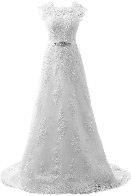 Vintage Lace Wedding Dresses with Belt 2022 Illusion Back Long Bridal Gowns for Women Plus Size