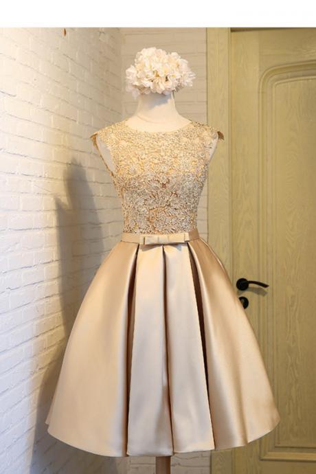 Elegant Champagne Satin Short Cocktail Dress Party Gowns with Belt A Line Formal Homecoming Dresses