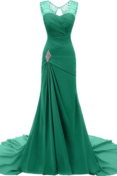 Sexy Mermaid Green Prom Dress with Beaded Top Pleats Sweep Train Formal Evening Dress for Lady