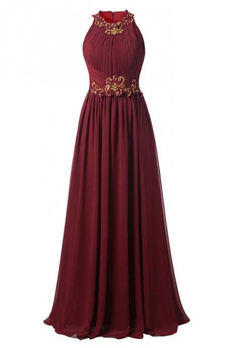 Vintage Burgundy Chiffon Prom Dress with Beaded Sexy Sleeveless Formal Evening Dress for Lady