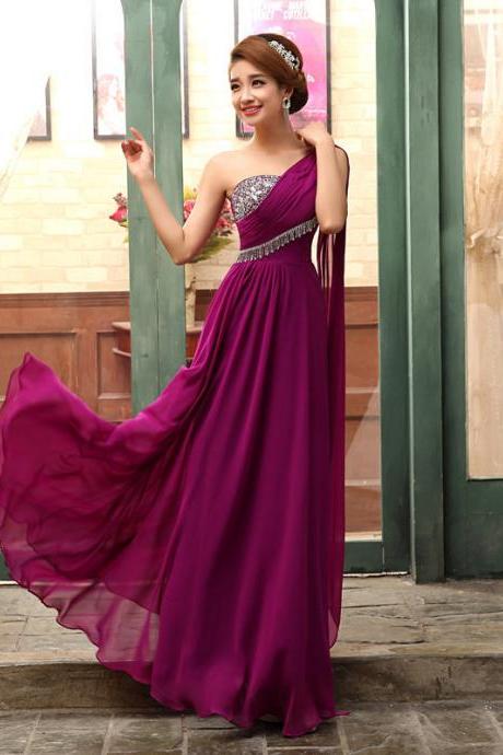 Sexy One Shoulder Long Purple Beaded Prom Dress Party Gowns for Women