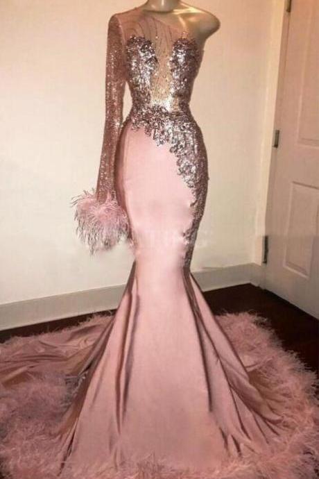 Glitter Sequin Prom Dress Long Sleeve Mermaid Pink Black Girl with Feathers Train One Shoulder African Formal Evening Gowns vestido