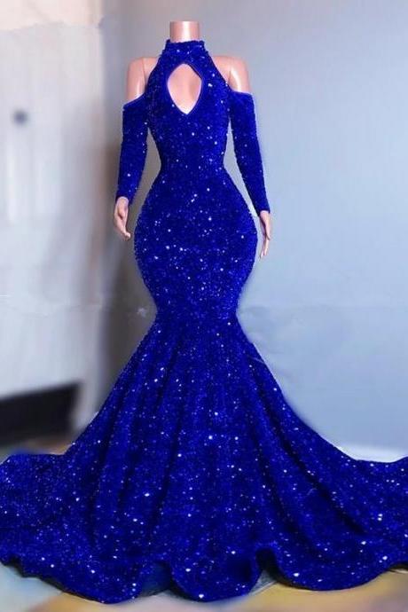 Plus Size Royal Blue Sparkly sequins Prom Dresses Long Sleeves Mermaid Evening Gowns 2022 Elegant Off Shoulder Women Formal Dress