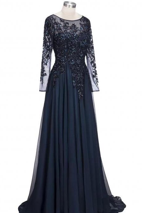 Navy Blue Sheer Long Sleeves Chiffon Mother Of The Bride Dresses Beaded Stones Floor Length Formal Party Evening Dresses 