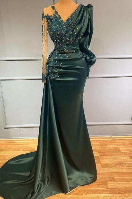 Long Green Satin Beaded Evening Dress with Full Sleeve New Fashion 2022 Arabic Formal Prom Party Dresses Sweep Train