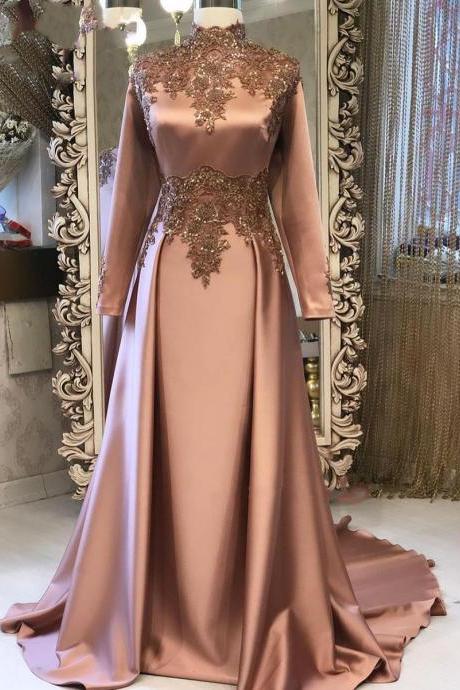 Vintage Pink Satin Arabic Evening Dress with Long Sleeve New 2022 Prom Dresses High Neck Beaded Long Party Dresses